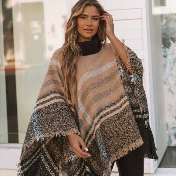 Soft Mocha Plaid Turtleneck Poncho Either Fringe Detail - Picture 1 of 7